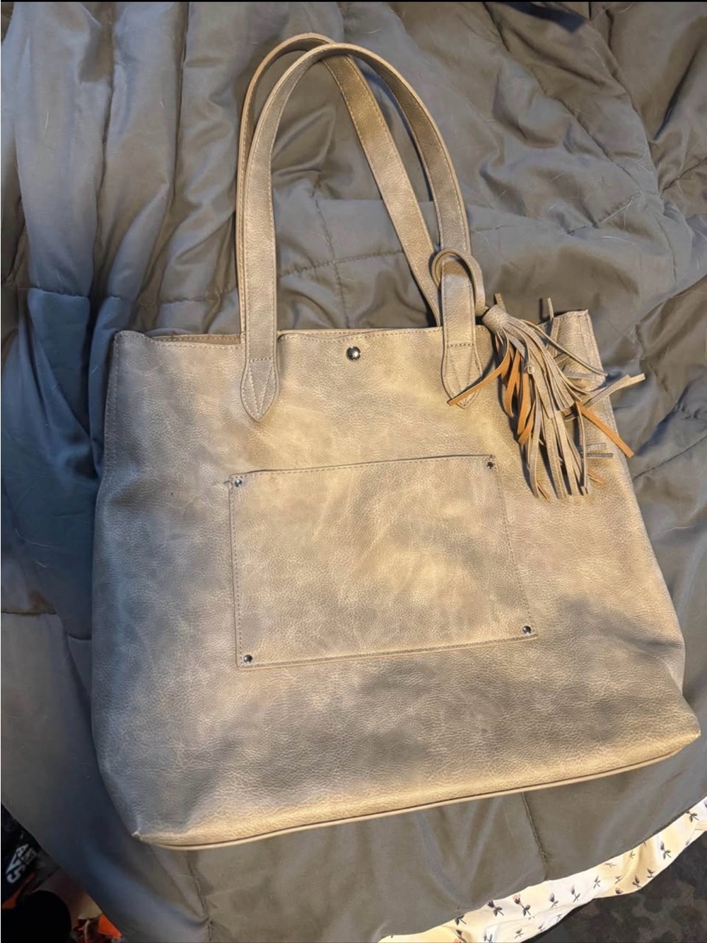 Steve Madden Shimmery Taupe Tote with Tassel Charm